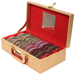 Kuber Industries Multipurpose Wooden Glitter Dot Design 2 Rod Bangle Box/Organizer/Case With Mirror & Number Lock System - Pack of 2 (Gold)-47KM0599
