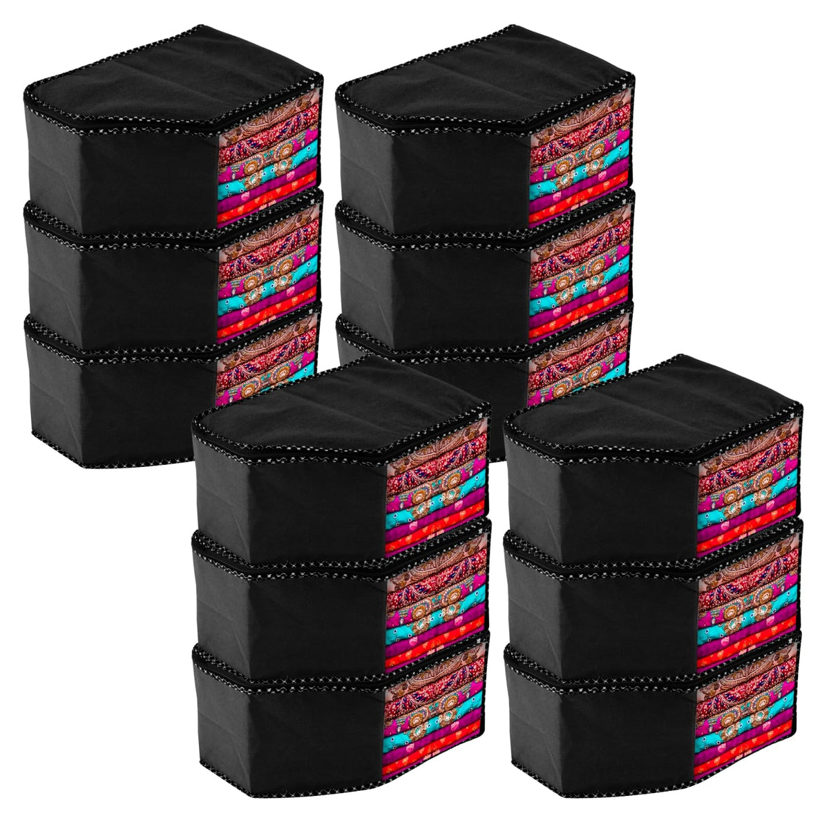 Heart Home Blouse Cover | Clothes Storage Bag | Zipper Wardrobe Organizers | Non-Woven Clothes Organiser | Side Transparent Blouse Organizer | Dot Border | Pack of 12 | Black