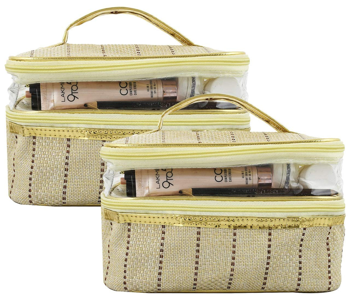 Kuber Industries Exclusive 2 Pieces Jute Design Make Up Kit Cum Cosmetic Kit, Jewellery Kit, Pouches for Travel Accessories (Cream) -CTLTC038977
