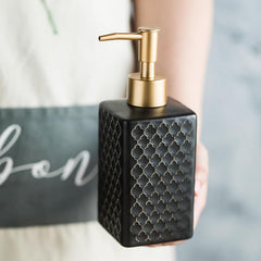 Kuber Industries Liquid Soap Dispenser | Stoneware | Bathroom Sanitizer,Shampoo Dispenser | Ceramic Handwash Bottle for Kitchen | Soap Dispenser for Wash Basin | Bathroom Accessories | 360ml (Black)