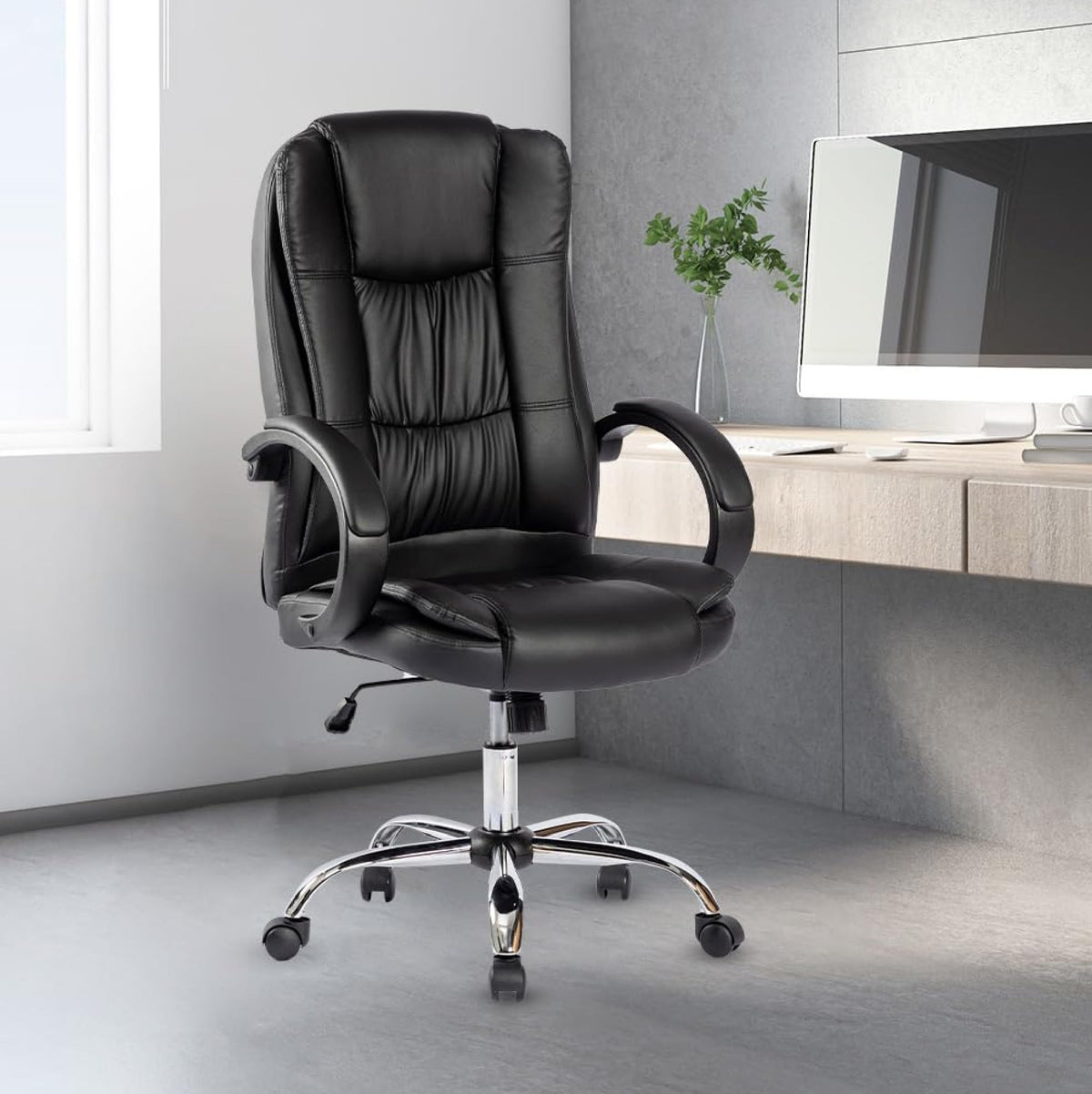 Kuber Industries Leatherette Office Chairs for Work From Home | Comes with Stretchable Armrest with Soft PU Pad & Lift Lock Tilt Mechanism | Comfy Study Chair for Students with Wheels | Black