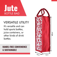 Heart Home Bottle Bag | Jute Carry Bag | Water Bottle Cover | Wine Bottle Bag | Reusable Bottle Bag with Handle | Bottle Bag for Office | Warli-Print Gift Bag | Red