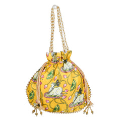 Heart Home Potli|Silk Wedding Potli|Wallet Potli|Christmas Gift Potli|Baby Shower Potli|Traditional Shagun Potli|Drawstring with Beads Handle Potli|Cow-Design Patli Potli|Yellow