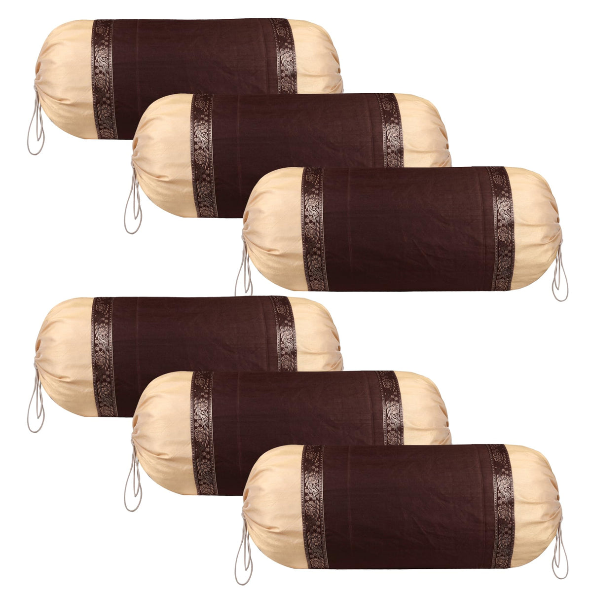 Kuber Industries Bolster Covers | Dupion Polyester Bolster Cover Set | Diwan Bolster Cover Set | Bolster Pillow Cover | Lace Design Masand Cover | 16x32 Inch | Pack of 6 | Brown
