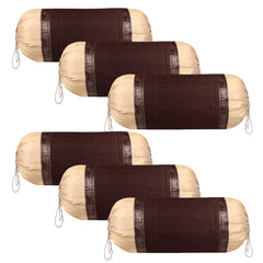 Kuber Industries Bolster Covers | Dupion Polyester Bolster Cover Set | Diwan Bolster Cover Set | Bolster Pillow Cover | Lace Design Masand Cover | 16x32 Inch | Pack of 6 | Brown