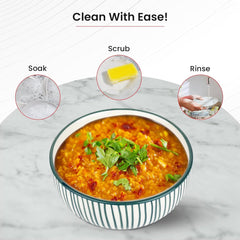 Kuber Industries Ceramic Food Bowl Set | Chini Mitti Bowl | Microwave, Dishwasher Safe Ceramic Bowl | Green Lining Print - White