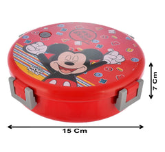 Heart Home Mickey Mouse Printed Round Inner Steel, BPA Free Insulated Lunch Box with Pickle Box & 1 Plastic Spoon (Red), Standard