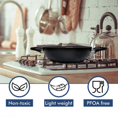 Heart Home 3 PCS Aluminium Cooking Set for Kitchen 24 cm Wok, 24 cm Fry Pan with Lid & 28 cm Tawa | Nonstick Induction Cookware Set | Kadhai, Frying Pan & Tawa Utensils Set | Black