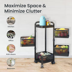 Kuber Industries 4-Layer Kitchen Trolley | 360° Rotating Storage Rack | Square Storage Rack with Wheels | Fruit and Vegetable Storage for Kitchen | Pack of 2 | (Black)