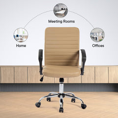 Kuber Industries Ergonomic Leather Office Chairs for Work From Home | Comes with Manual Height Adjustable, Armrest, Headrest & Lumbar Support | Comfy Study Chair for Students with Wheels | Beige