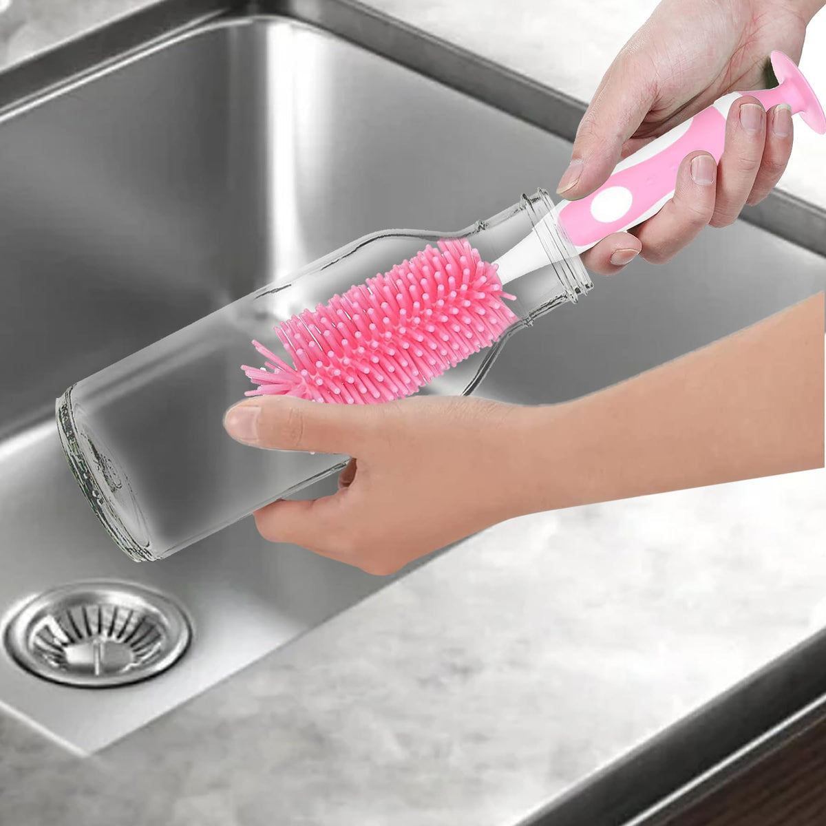 Kuber Industries Bottle Brush | Long Handle Bottle Brush | Silicone Bottle Cleaner Brush Set | Baby Feeding Bottle Cleaning Brush | Nipple Cleaner with Suction Base | Pink
