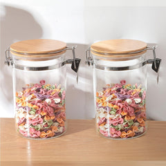 Heart Home Borosilicate Glass Jar with Bamboo Lid | Kitchen Organizer Items & Storage | Multi-utility, Leakproof, Airtight Storage Jar for Cookies, Snacks, Tea, Coffee, Sugar | Set of 2 (1000ml)