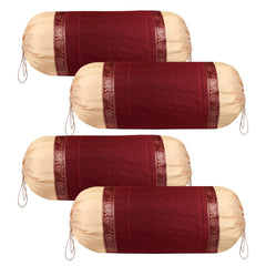 Heart Home Bolster Covers | Dupion Polyester Bolster Cover Set | Diwan Bolster Cover Set | Bolster Pillow Cover | Lace Design Masand Cover | 16x32 Inch | Pack of 4 | Maroon