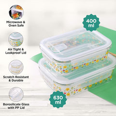 Homestic Borosilicate Glass containers Set with Lid | Microwave Safe | Airtight Storage Jar | Transparent | Airvent PP lid | 400ml & 630ml | Rectangular Printed | Pack of 2