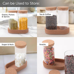 Kuber Industries Borosilicate Jars with Cork Lids & Cork Tray for Kitchen| 700ml | Airtight Glass Containers with lid | Kitchen Organization Items & Storage | Multipurpose | Transparent | Pack of 2