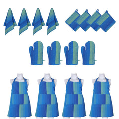 Kuber Industries Pack of 4 Kitchen Linen Set|Cotton Glove,Pot Holder & Kitchen Towel|Adjustable Buckle Stain Resistant Cooking Kitchen Apron for Men,Women (Blue)