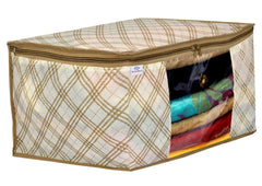 Heart Home Metalic Checkered Print 2 Piece Non Woven Fabric Saree Cover/Clothes Organiser For Wardrobe Set with Transparent Window, Extra Large (Ivory)-HHEART16501