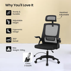 Kuber Industries Ergonomic Office Chairs for Work From Home | Comes with Manual Height Adjustable, Armrest, Headrest & Lumbar Support | Comfy Study Chair for Students with Wheels | Black | 2011-1W-BLK
