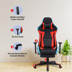 Kuber Industries Ergosmart PC Gaming Chairs with Wheels | Comes with Headrest, Lumbar Support Cushions & Footrest | Comfortable Chair for Long Sitting & Back Pain Relief | WC2022-1F-Black & Red
