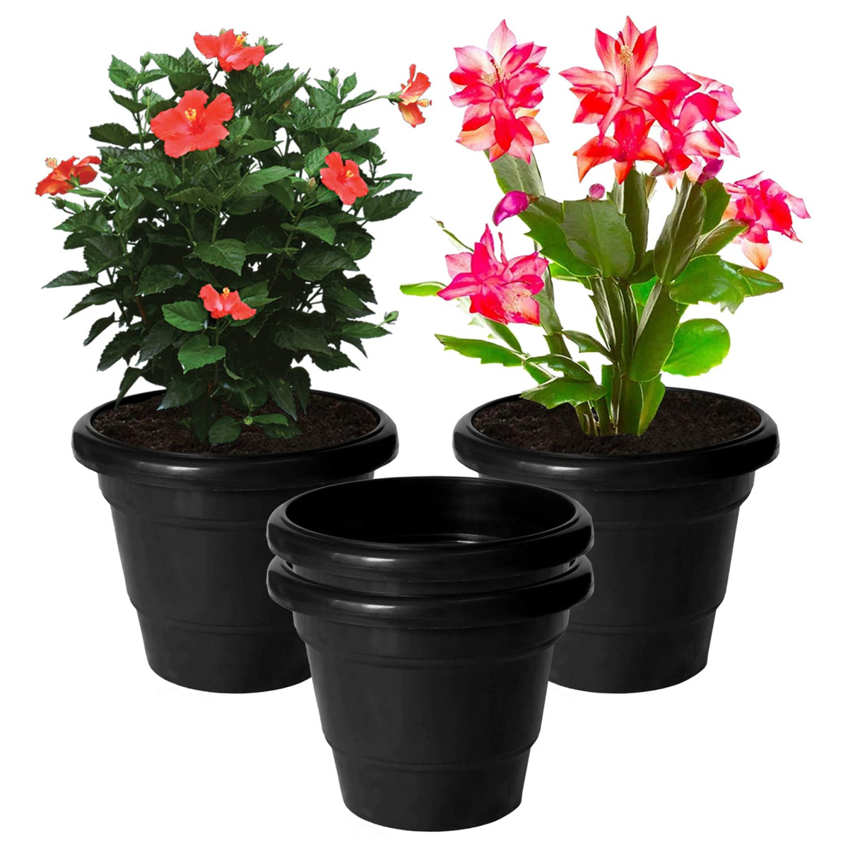 Kuber Industries Solid 2 Layered Plastic Flower Pot|Gamla for Home Decor,Nursery,Balcony,Garden,6"x5",Pack of 4 (Black)
