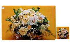 Heart Home Flower Printed PVC Dining Table Placemats with Tea Coaster Set, Set of 12 (Yellow)