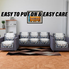 Heart Home Sofa Cover | Sofa & Center Table Cover Set | Blue Digital Flower Sofa Cover with Table Cover | Velvet 5 Seater Sofa & Table Cover Set For Living Room | Gray