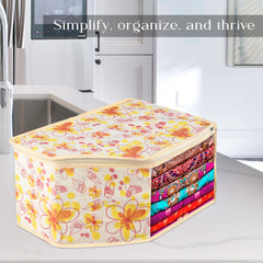 Kuber Industries Blouse Cover | Clothes Storage Bag | Zipper Wardrobe Organizers | Non-Woven Clothes Organiser | Side Transparent Blouse Organizer | Red Flower-Design | Pack of 6 | Ivory