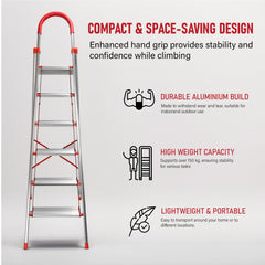 Kuber Industries 6 Step Heavy-Duty Foldable Aluminium Ladder with Wide Pedals and Hand Grip for Home and Office Use | Anti Slip Step Staircase for Home | Supports 150+ Kgs | Silver & Red