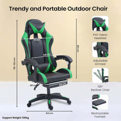Kuber Industries Ergosmart PC Gaming Chairs with Wheels | Comes with Headrest, Lumbar Support Cushions & Footrest | Comfortable Chair for Long Sitting & Back Pain Relief | 2023-6F-GRN-Black & Green