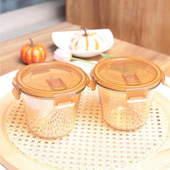 Heart Home Pack of 3 Borosilicate Glass Kitchen Containers Set with Airvent Pp Lid | Airtight Round Fridge Storage Boxes for Grains, Pulses, Spices, Snacks | 610 ml Each | Light Orange