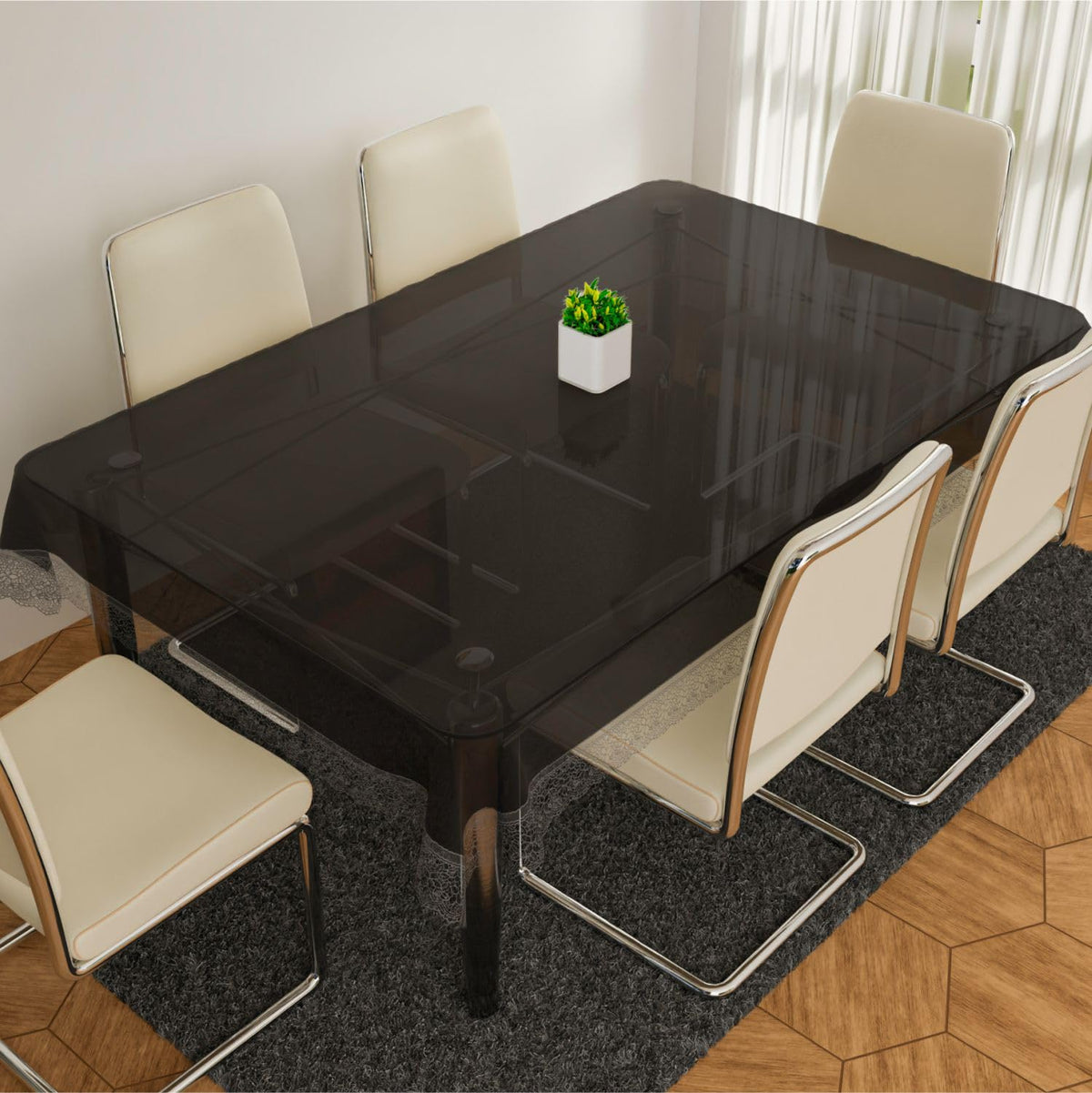 Heart Home Dining Table Cover | PVC Table Cloth Cover | 6-Seater Table Cloth | Table Protector Cover | Table Cover for Dining Table | Silver Lace Table Cover | 60x90 Inch | DTC | Black