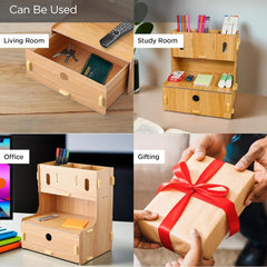 Urbane Home 3 Compartments with One Bottom Drawer Pen Stand for Office | MDF Wood Rack | Aesthetic Stationery Stand for Office Table Accessories | Burlywood | 23.3x17.5x25.5cm