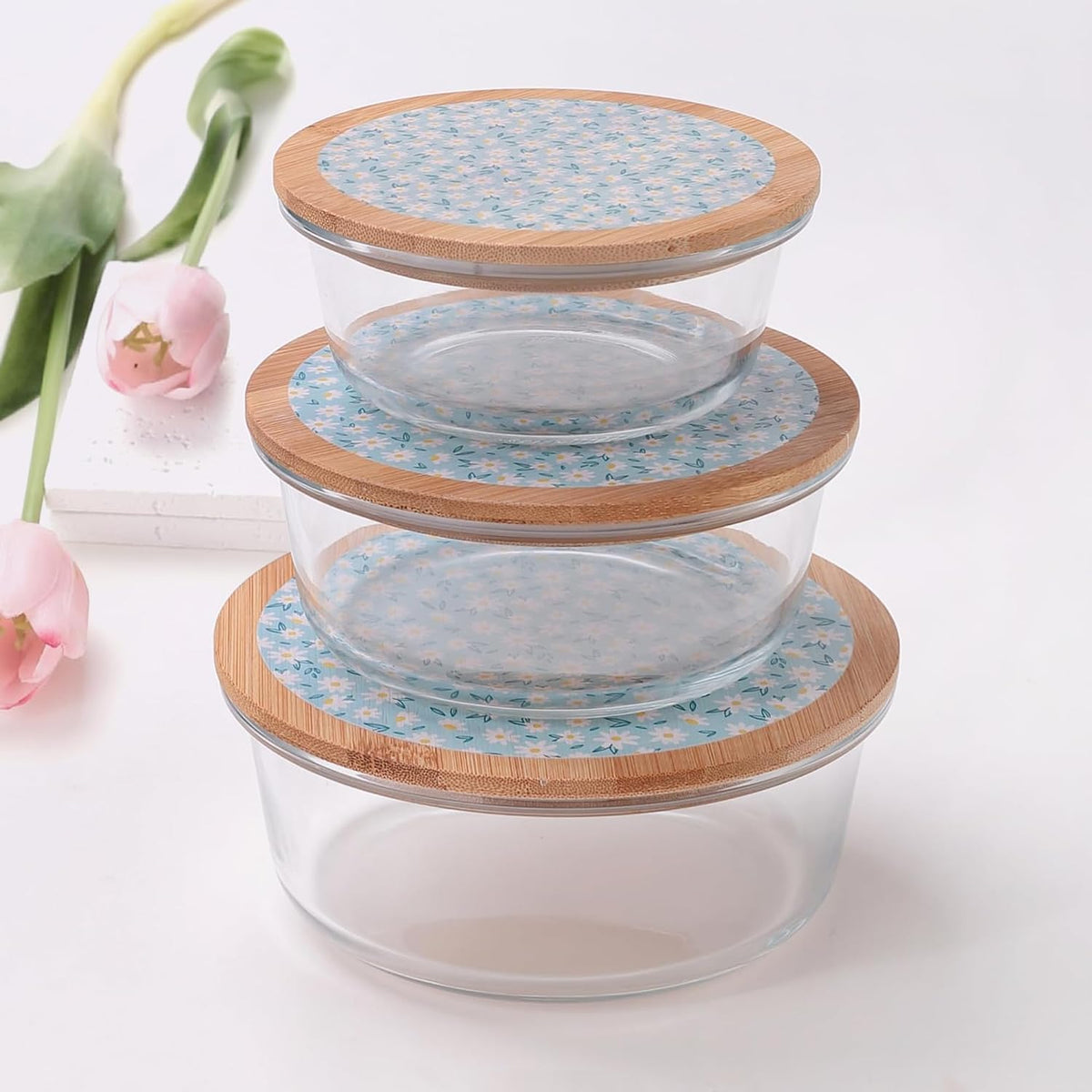 Kuber Industries Pack of 3 Borosilicate Glass Kitchen Containers with Bamboo Lid | 390ml 620ml 960ml | Airtight Round Fridge Storage Boxes |Kitchen accessories items | Dandy Daisies Print