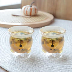 Kuber Industries Pack of 2 Cute Teddy Bear Cups | Heat Resistant |Borosilicate Double Wall Glass Cups | Scratch Proof | 250 ML | Amber