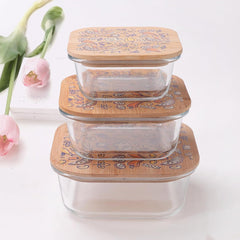 Kuber Industries Borosilicate Kitchen Containers Set with Bamboo Lid | Glass Containers with Lid | Airtight | Microwave Safe | Ratatouille Print | 310ml 510ml 800ml | Pack of 3 | Multipurpose
