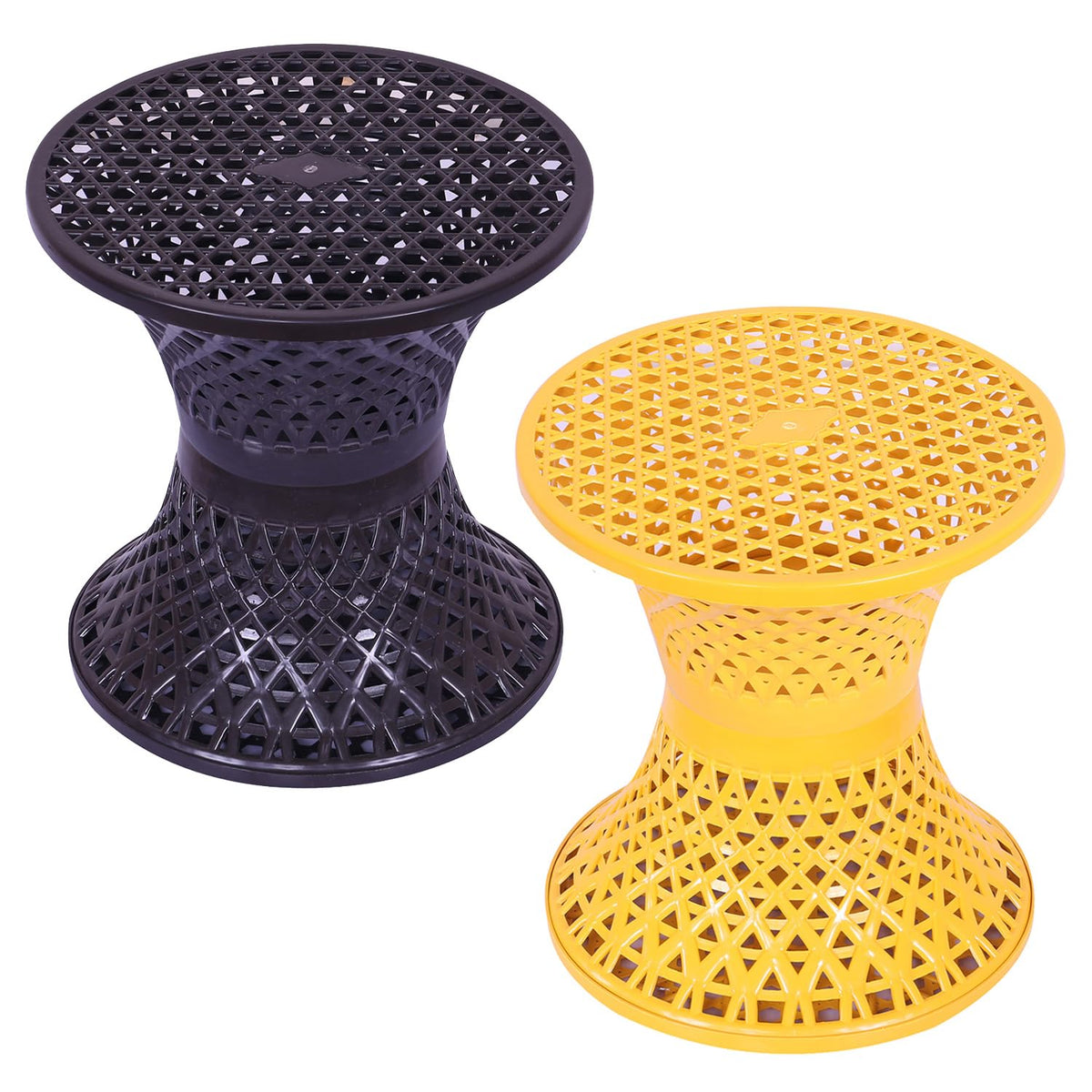 Kuber Industries Seating Stool | Plastic Mesh Damroo Stool | Both Sided Stool for Guestroom | Damroo Style Stool | Stool for Graden | Stool for Balcony | Pack of 2 | Multi