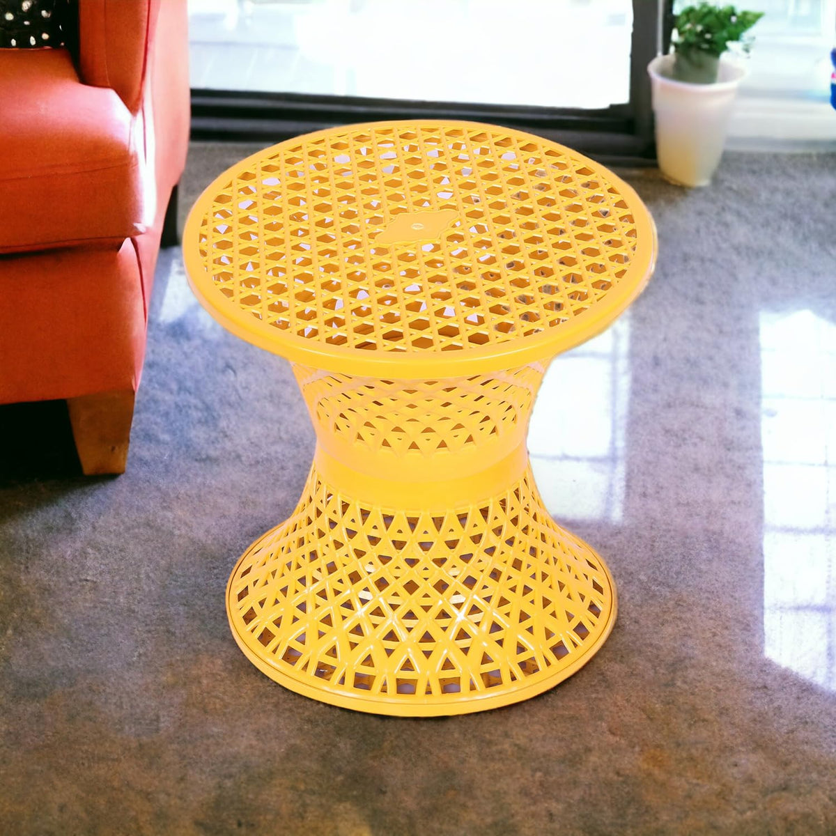 Heart Home Seating Stool | Plastic Mesh Damroo Stool | Both Sided Stool for Guestroom | Damroo Style Stool | Stool for Graden | Stool for Balcony | Yellow