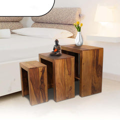 Kuber Industries Set of 3 Handcraft Sheesham Wooden Nesting Table/Stool for Home, Bedroom & Office | Honey Finish Peg Tables for Living Room | Nested Table Furniture | Natural Wooden Brown