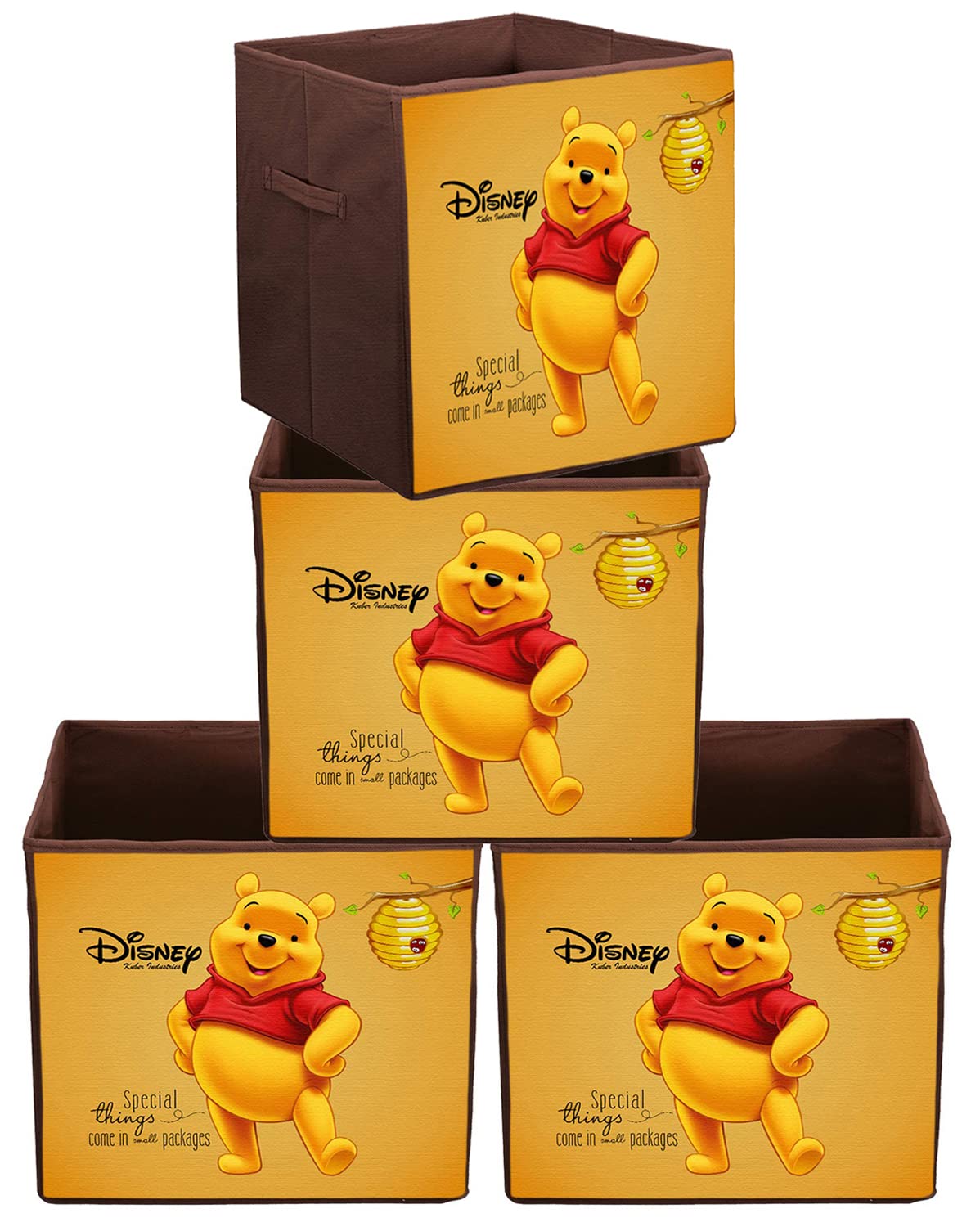 Heart Home Disney Winnie-The-Pooh Printed Multipurposes Storage Box With Handles- Pack of 4 (Brown) -HS43HEARTH26287