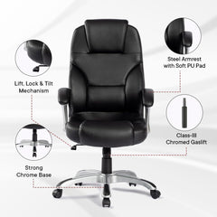 Heart Home Leather Office Chairs for Work from Home | Comes with Manual Height Adjustable, Armrest, Headrest & Lumbar Support | Comfy Study Chair for Students with Wheels | Black | SAVOC111BLK