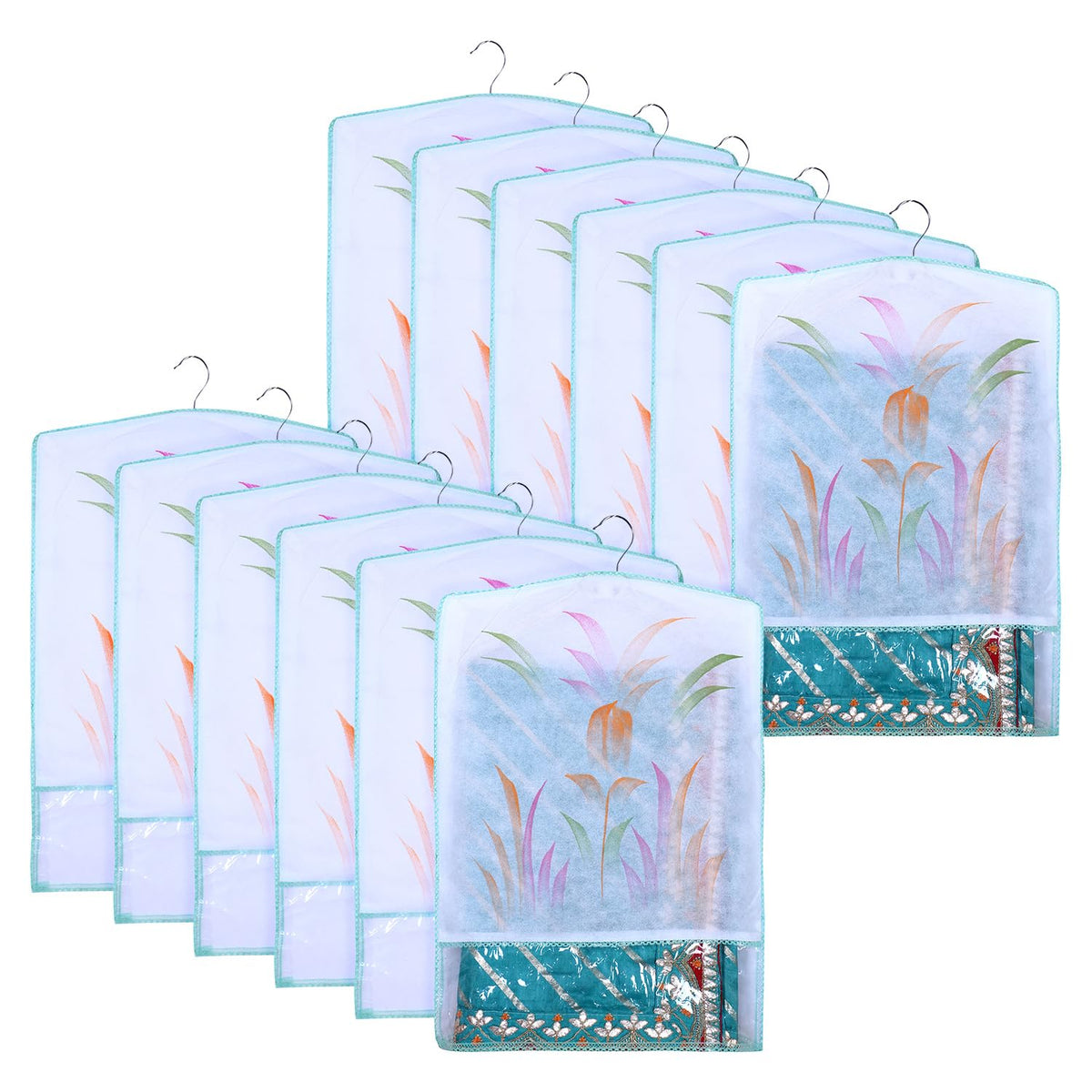 Kuber Industries Hanging Saree Cover | Brush Painting Pattern Saree Cover | Non-Woven Saree Covers for Home | Saree Cover with Small Transparent view | Pack of 12 | Green