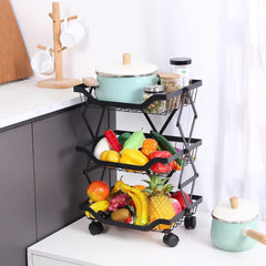 Kuber Industries 3-Layer Collapsible Kitchen Rack|Multipurpose Storage Basket|360-Degree Rotable Kitchen Trolley|Fruit Basket Pack of 2 (Black)