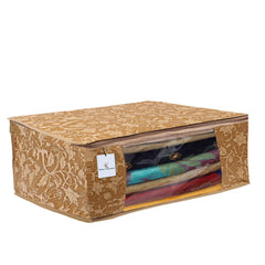 Kuber Industries Metalic Flower 4 Piece Non Woven Saree Cover Set, 7 inch, Beige