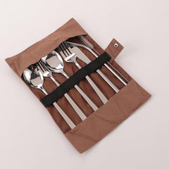 Kuber Industries 7 Pcs Utensil Set | Travel Camping Cutlery Set | Stainless Steel Flatware Set with Bag | Travel Organizer Utensil Set | Durable and Practical | Brown Cover