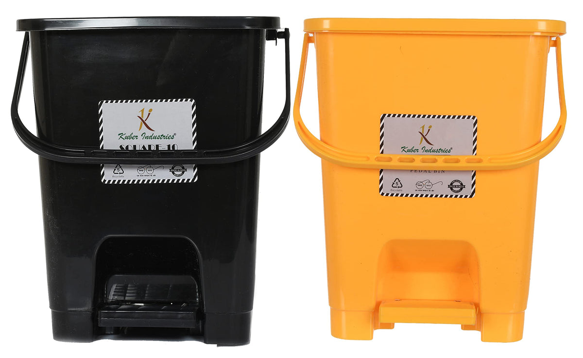 Kuber Industries Square Premium Plastic Pedal Dustbin with Lid for Home/Kitchen/Office 10 Ltr (Black & Yellow)-Pack of 2