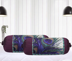 Heart Home Bolster Cover|Polyester Bolster Cover Set|Diwan Round Bolster Pillow Covers|Luxurious Peacock Feather Print Roll Masand Cover|Pack of 4 (Cream)