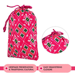 Kuber Industries Potli | Silk Wedding Potli | Drawstring Closure Potli | Wallet Potli | Christmas Gift Potli | Baby Shower Potli | Small-Patola-Print Potli | 5x7 Inch | Pack of 4 | Rani