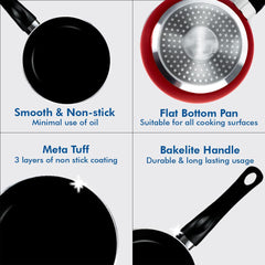 Heart Home 3 PCS Aluminium Cooking Set for Kitchen 24 cm Wok, 24 cm Fry Pan with Lid & 22 cm Tawa | Nonstick Induction Cookware Set | Kadhai, Frying Pan & Tawa Set | Black & Red