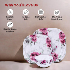 Kuber Industries 31 Pieces Square Unbreakable Microwave & Dishwasher Safe Melamine Dinnerware Kitchen Crockery Set | Glossy Dinner Sets & Kitchen Set for Home | Pink Floral - White