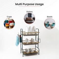 Kuber Industries 3-Layer Dish Drying Rack|Storage Rack for Kitchen Counter|Drainboard & Cutting Board Holder|Premium Utensils Basket Pack of 5 (Dark Green & Gold)